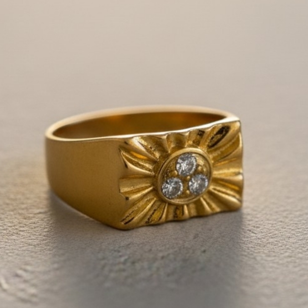 Men's Gold Sunburst Ring with Triple Stone Accent